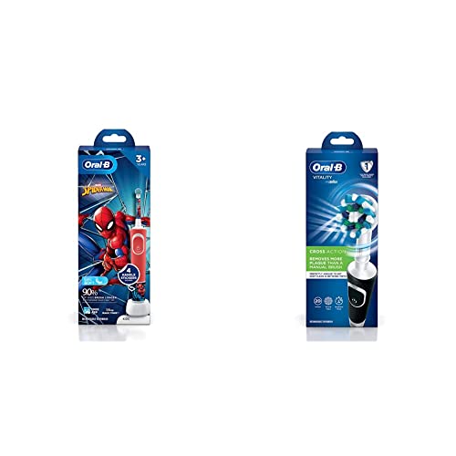 Image of Oral-B Kids Electric Rechargeable Toothbrush, Featuring Spider Man, Extra Soft Bristles (Age 3+ & Vitality 100 Black Criss Cross Electric Rechargeable Toothbrush Powered By Braun, 2 Count