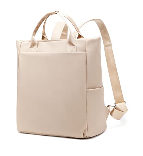 LORADI Convertible Laptop Tote Bag, Fits 14" Laptop Faux Leather Fashion Backpack with Anti-theft Pockets, Beige LORADI Convertible Laptop Tote Bag, Fits 14" Laptop Faux Leather Fashion Backpack with Anti-theft Pockets, Beige