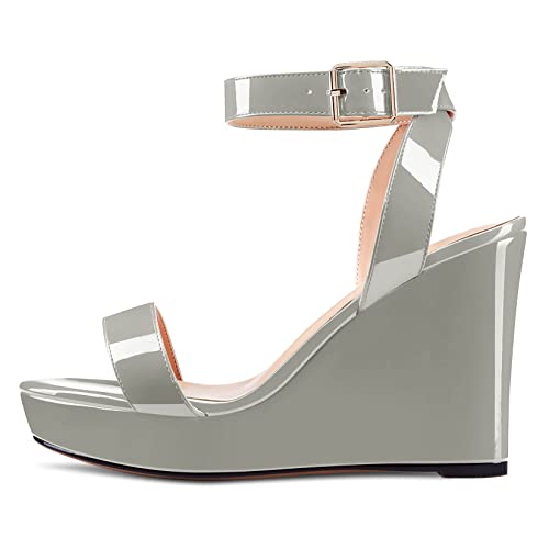 Image of Aachcol Women Platform Wedge Sandals Round Peep Open Toe Ankle Strap Slingback Two-Piece Chunky Block High Heel Dress Shoes Pumps Party Patent 4 Inch