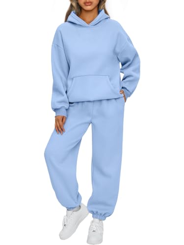 AUTOMET 2-teiliges Damen-Outfits, Lounge-Kapuzenpullover, Sweatsuit-Set, übergroßes Sweatshirt, Baggy Herbst, modische Sweathose mit Taschen, Hellblau, Medium