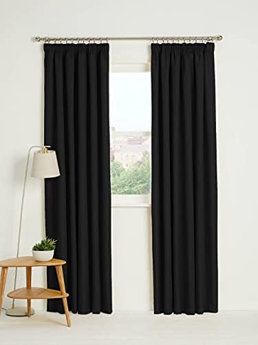Kinfolk Textile Blackout Thermal Pencil Pleat Tape Top Insulated Pair of Blackout Curtains Including 2 Tiebacks (Black, 46" x 54")