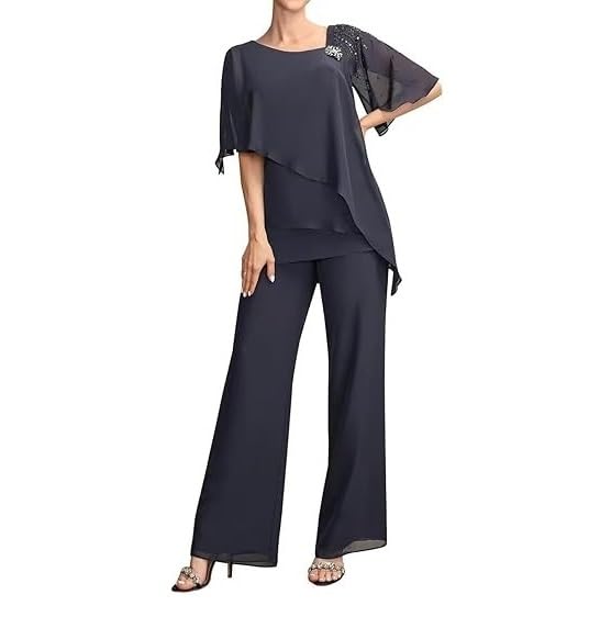 CSYPJYT 2 Piece Mother of The Bride Pant Suits Chiffon Wedding Guest Groom for Women Evening Formal Jumpsuit3