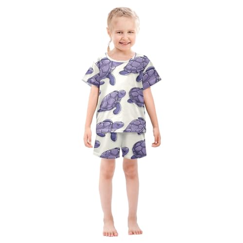 Pajama Short Sets Purple Sea Turtles Pattern Soft Cotton Summer Sleepwear 2 Piece PJS Size 5-14T4