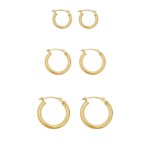 Image of AVORA 10K Gold Classic Polished 2mm Tube Click-Top Hoop Earrings 3-Pair Set - Yellow or White Gold