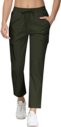 Mofiz Women's Hiking Pants Quick Dry Lightweight Nylon Cargo Joggers Pants Water Resistant Walking Travelling Pants With Zipper Pockets Army Green, L #TOP1