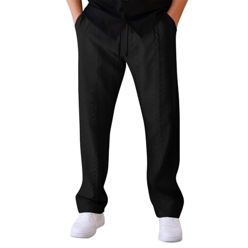 FQZWONG Straight Leg Sweatpants for Men Casual Solid Knitted Joggers Elastic Drawstring Jogging Pants Lightweight Trousers（1-Black,X-Large