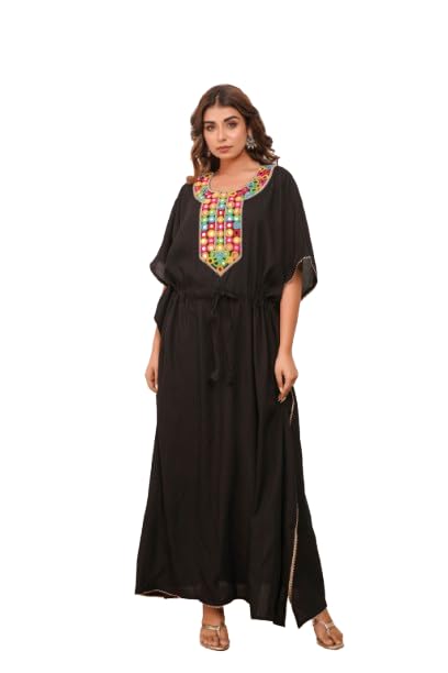 modi factory Tribal Mirror Embroidered Kaftan with Adjustable Waist & Ethnic Charm Women Long Kaftan, (Black)-picture-36