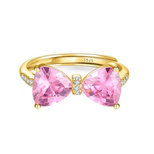 Pink Bow Rings for Women 925 Sterling Silver 14K Gold Plated Cute Dainty Cubic Zirconia Promise Rings for Her Open Adjustable Stackable Rings Jewelry Birthday Christmas Gifts