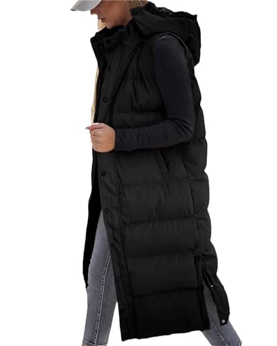 Solid Color Hooded Winter Outerwear with Pockets, Women's Long Puffer Vest, Hooded Sleeveless Quilted Padded Jacket