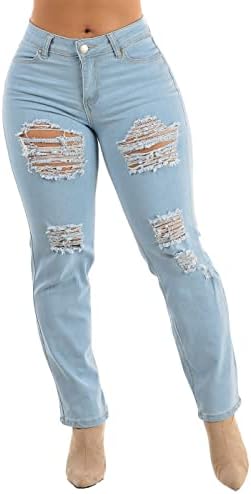 Moda Xpress Womens Juniors Mid Rise 1 Button Ripped Light Blue Bootcut Jeans 10123Y