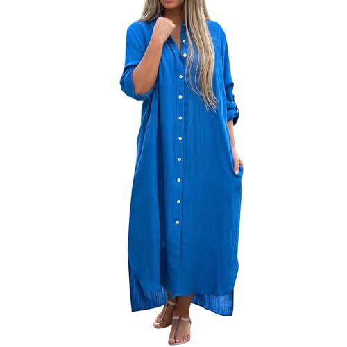 Abendkleid Damen jerseykleid Neckholder Kleid kostüm Leinen Revers Langarm Maxi T-Shirt mit Taste Kleider Teenager mädchen lang（Himmelblau, 3XL