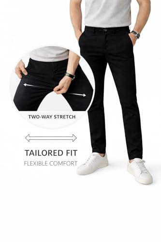 Image of DENRO Men's Slim Fit Cotton Stretch Trousers | Smart Casual & Workwear Pants for Office Use | 98% Cotton 2% Spandex Fabric | Mid-Rise Tailored Fit | Sizes 28-38