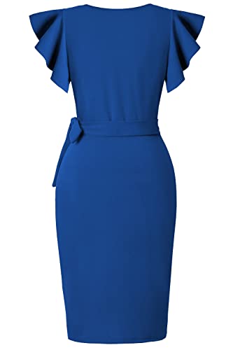 Image of oten Womens Deep V Neck Ruffle Sleeve Sheath Casual Cocktail Party Work Faux Wrap Dress