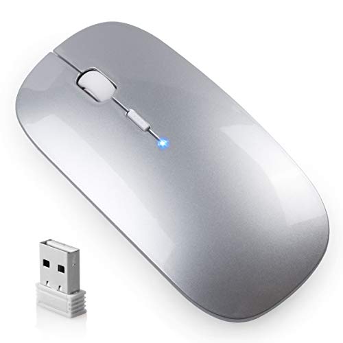 Vannico Ratón inalámbrico, Recargable, 2,4 G, inalámbrico, inalámbrico, inalámbrico, inalámbrico, portátil, ratón óptico, ratón con Receptor USB, ratón para Ordenador portátil (Plateado)