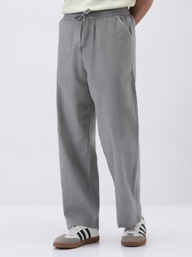 Image of Urbano Fashion Men's Loose Fit Solid Linen Blend Trousers Non-Stretchable