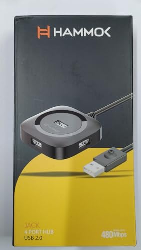 Image of Hammok Jack 4 Port USB 2.0 Hub, 480Mbps High Speed Data Transfer, 1.5 Metre Cable, LED Indicator, Black, Supports 5TB HDD
