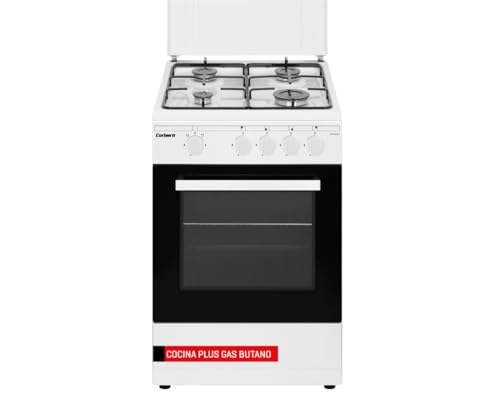 Corberó - Cocina Gas Butano Excellence | 60 cm | CCSF60420BW | 4 Fuegos | Horno 55L con puerta doble cristal | Cajón Calientaplatos | Tapa Fogones Cristal | Kit Conversión Gas Natural | Blanco