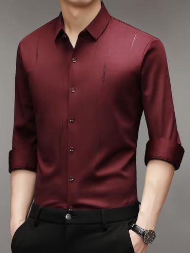 Image of IndoPrimo Men's Regular Fit Satin Designer Shirt with Stylish Vertical Line Sequence | Long Sleeve Formal & Casual Button Down Shirt for Casual and Party Look