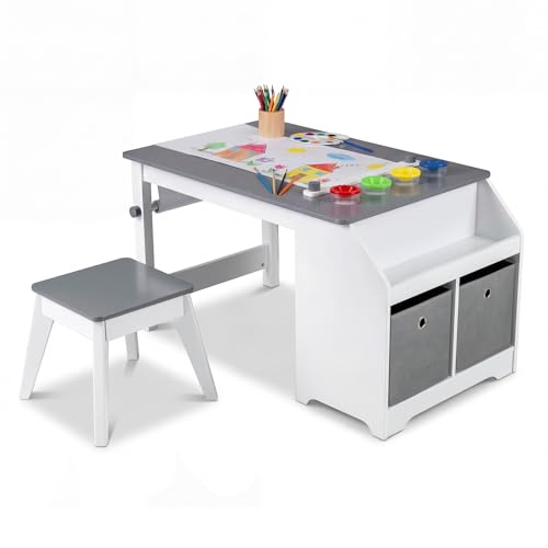 LIFEZEAL Set de Mesa y Silla Infantil, Mesa de Actividades de Madera con Rollo de Papel y Taburete, 4 Vasos de Pintura y 2 Cubos de Tela para Dibujar y Estudiar, Escritorio Infantil para Niños 3+ Años