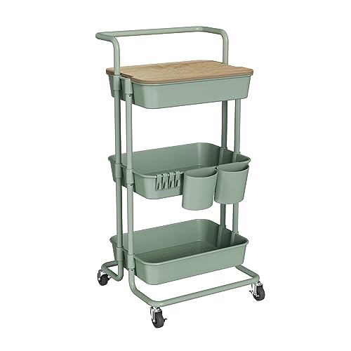 Image of DTK 3 Tier Rolling Utility Cart with Cover Top Board, Movable Kitchen Storage Cart Trolley with Lockable Wheels, Cups, Hooks for Kitchen Bathroom Home Office Art Craft Storage(Turquoise /Green)
