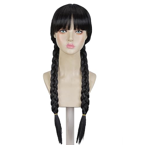 Aeilene Wednesday Long Black Braids Wig with Bangs and Pigtails for Party Costume Halloween
