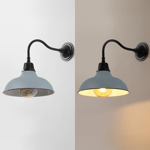 Image of JONATHAN Y 12.25 inch Matte Silver Blue /Black Farmhouse Industrial Outdoor Sconce, LED Gooseneck Wall Light for Porch, Metal Bowl Shade, Dimmable Vintage Exterior Fixture, LED Bulb Included (JYL7613N)