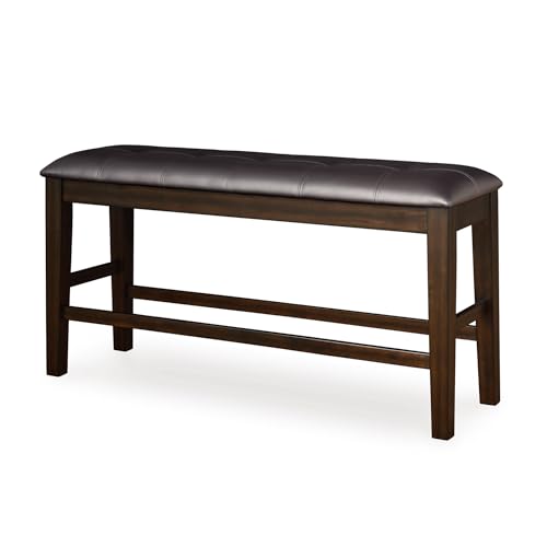 Image of Signature Design by Ashley Haddigan Casual Tufted Faux Leather Upholstered Counter Height Dining Bench with Oak Finish, Dark Brown
