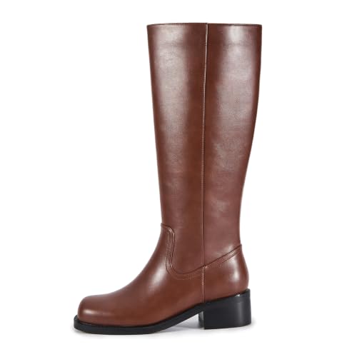 Image of ZJA Knee High Boots Women,Square Toe Chunky Block Low Heel Tall