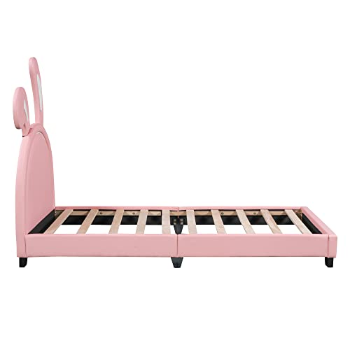 Twin Upholstered Platform Bed With Rabbit Ears Shaped Headboard, Wooden Cute Full Platform Bed Frame For Girls Boys Adults, Pu Leather Bed, No Box Spring Needed (Pink, Twin) #TOP5
