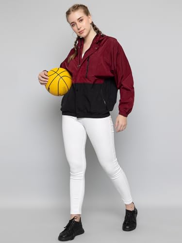Image of CHKOKKO Womens Stylish Oversized Windcheater Jacket with Zip Closure Lightweight Sportswear for Running Travel Hiking Outdoor and Rainy Season Wear WineBlack S