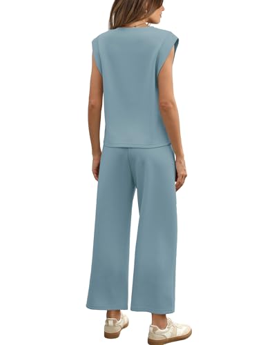 Image of SAMPEEL Two Piece Sets for Women Casual Travel Vacation Outfits Summer Wide Leg Crop Pants Lounge Sets