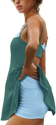 Yanekop Womens Tennis Dress Athletic Dress with Shorts and Bra Golf Outfits Spaghetti Strap Workout Romper Dresses(Dark Green,S)