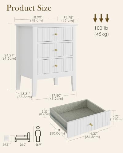 Image of Fluted Nightstand, Farmhouse Night Stand with 3 Drawers, Mid Century Modern Side Accent Table,Bedside End Table for Bedroom, Living Room, White