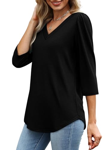 OFEEFAN Women's V Neck Shirts 3/4 Length Puff Sleeve Blouses Curved Hem Long Tunic Tops Dressy Casual S-3XL4
