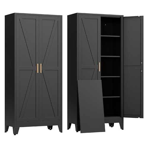 COFaR Black Farmhouse Storage Kitchen Pantry Cabinet with 2 Barn Door, 4 Adjustable Shelves and Legs, for Cupboard/Dining Room/Bathroom/Living Room/Office/Laundry Room (Black, 71' Farmhouse)
