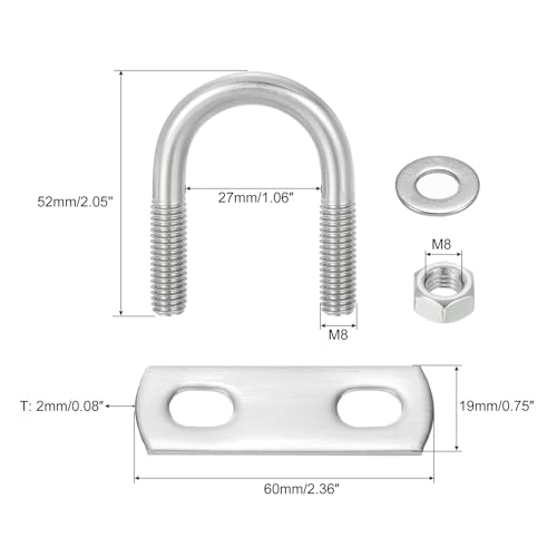 Image of uxcell Round U-Bolts, 8 Sets 27mm(1.06 inch) Inner Width 52mm Length M8 304 Stainless Steel U Clamp Bolt with Nuts and Plates, for Boat Trailer