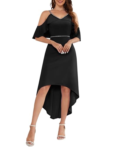 MUADRESS Women Prom Spaghetti Strap Flutter Sleeve V Neck Sparkly Midi Dress Elegant Flowy Ruffle Wedding Guest Hi-Lo Dress