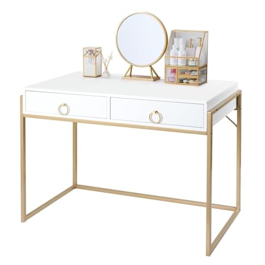 Anmytek Home Office Writing Desk 2 Drawers Storage, Contemporary Makeup Vanity Table Study Desk, W/Matte White and Gold Finish Frame D0003