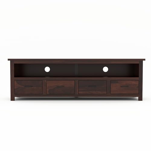 Image of Sheesham Solid Wood TV Cabinet for Living Room | Handcrafted Wooden TV Unit with Storage | Elegant Entertainment Stand for Modern Homes (4 Drawer Tv Cabinet, Walnut)