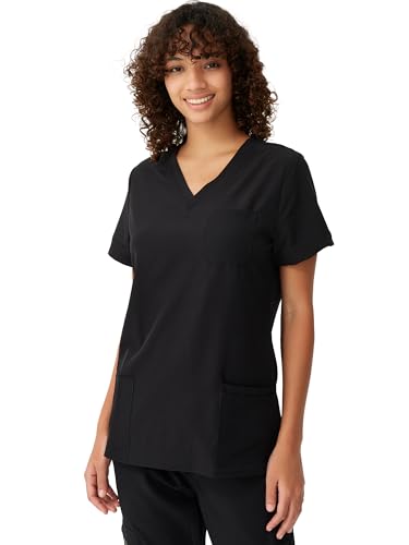 floralhue Scrubs for Women, Soft V-Neck Scrub Tops, Stretchy Medical Uniform with 5 Pockets, Breathable & Easy Care, Black, S