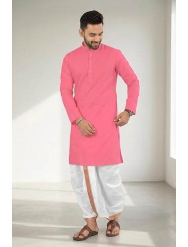 Image of UNIQUE MOMENTS Men's Cotton Dhoti Kurta Set with Full Sleeves Solid Pattern Modern Style and Mandarin Collar Neck | Perfect for Puja & Celebrations