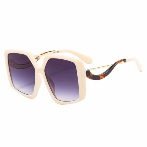 Lunettes de soleil carrées beige-gris grand format au design luxueux et branches ajourées