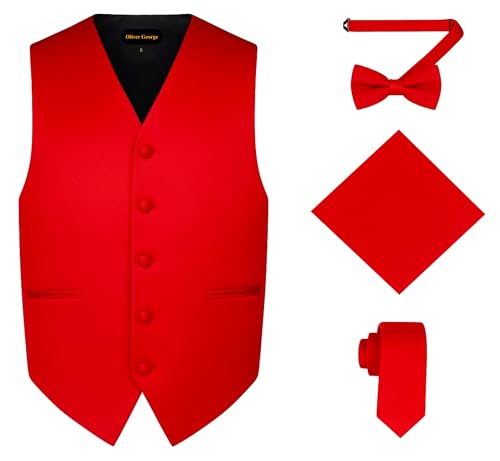 Oliver George 4pc Men's Solid Formal Suit Waistcoat Tuxedo Dress Vest Necktie Bowtie Handkerchief Set for Suit or Tuxedo