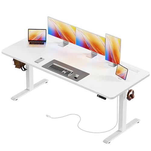 Image of Huuger 63 X 24 Inch Electric Standing Desk with Power Outlets and USB-C Port, Height Adjustable Desk, Sit Stand Desk for Home Office, Computer & Gaming Desk with 4 Presets, Stable Steel Frame, White