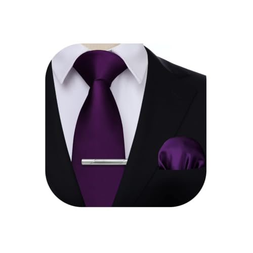 HISDERN Krawatte für Herren Violett - Krawatte mit Einstecktuch Krawattenklammer Hochzeit Einfarbig Krawatten und Taschentuch Set für Männer