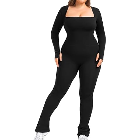 BLEVONH Wide Leg Jumpsuits for Women Long Sleeve Bodycon Square Neck Bodysuits Full Length Plus Size Black M Cover