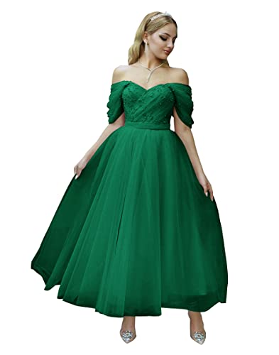 Tulle Tea Length Prom Dresses for Women Off The Shoulder Ball Gowns Teens Sweetheart Beaded Puffy Princess Dress