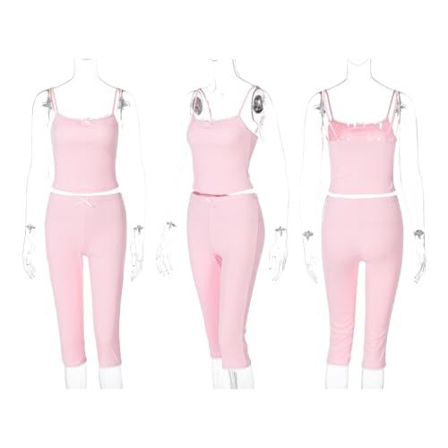 Women's 2 Piece Outfits Sexy Spaghetti Straps Sleeveless Camisole Crop Tops Bodycon Capri Pants Sets4