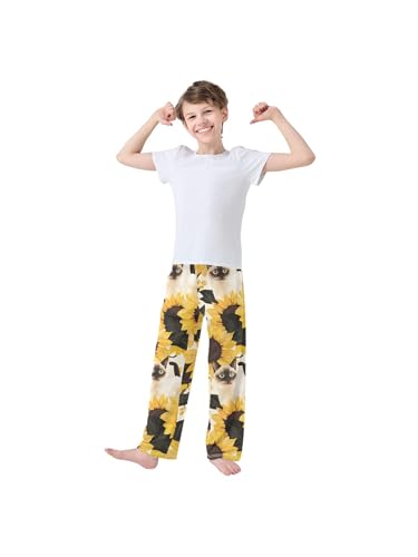 Siamese Cat and Black Yellow Sunflower Boys Pants for Kids Jogger Pants with Pockets S3