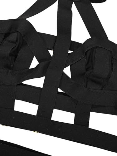 Lilosy Sexy Chocker Halter Cutout Strappy Rave Outfits Push Up Garter Belt Women Mesh Sheer Lingerie Set Harness Bra Panty4